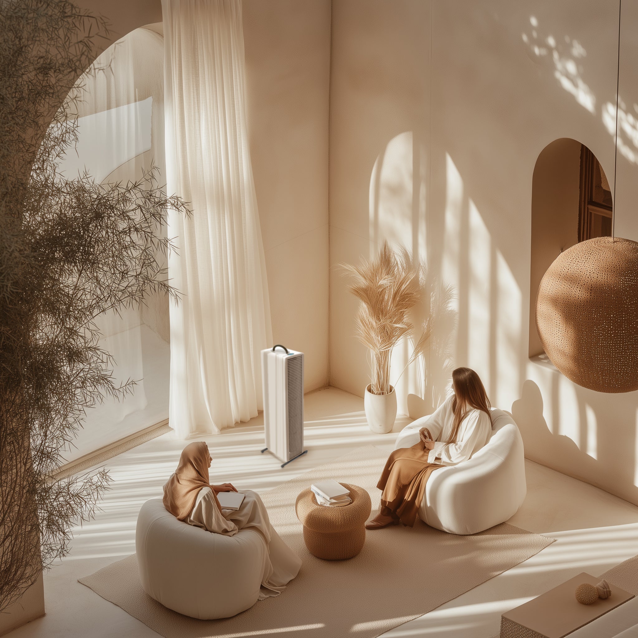 Two women sitting in a sunlit room with modern decor and a white air purifier.
