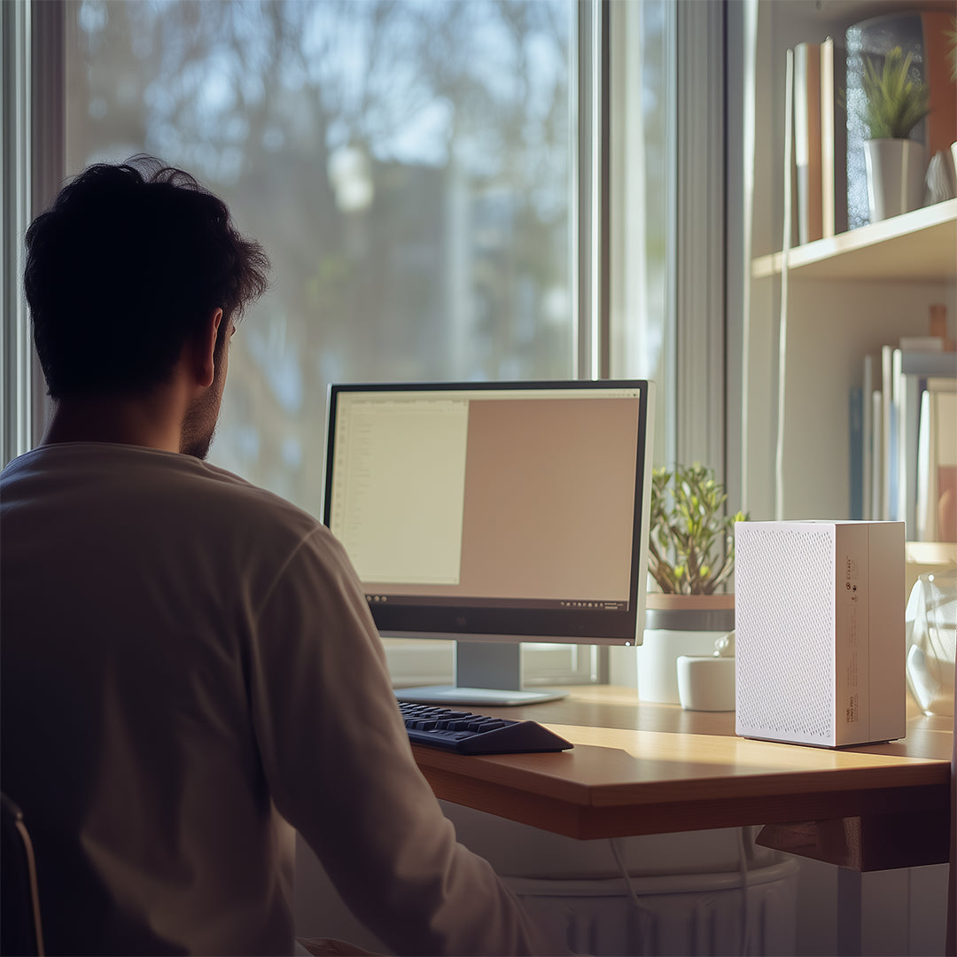 Person sitting at a desk using a computer with a bright window in the background
