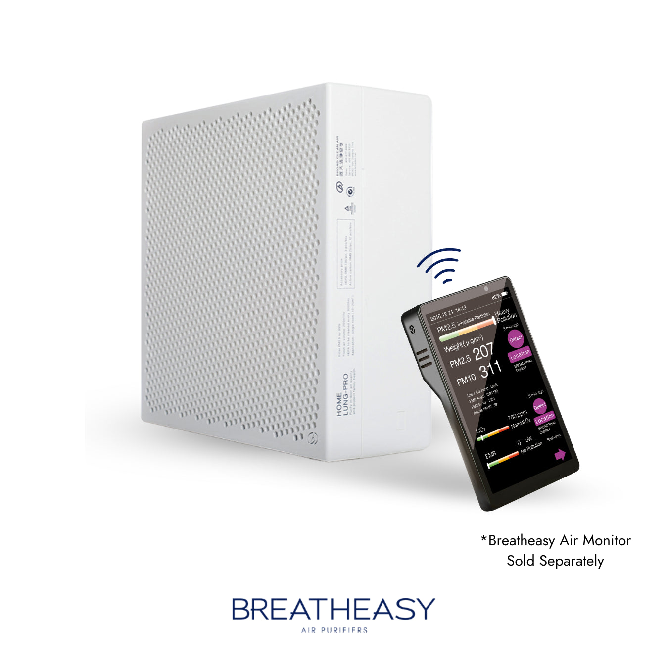 Breatheasy air purifier with a separate air monitor on a white background