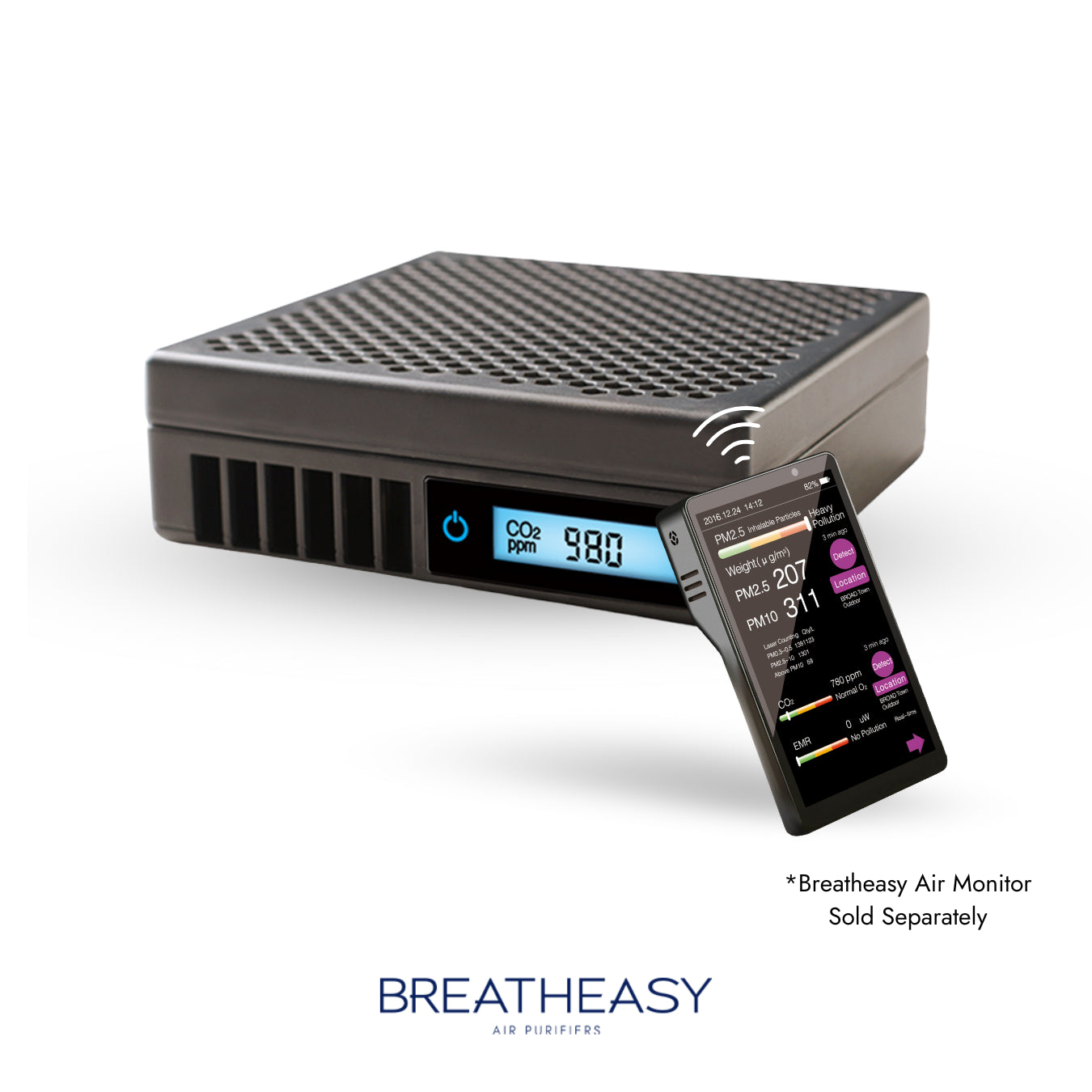 Breatheasy air purifier with a digital air monitor on a white background