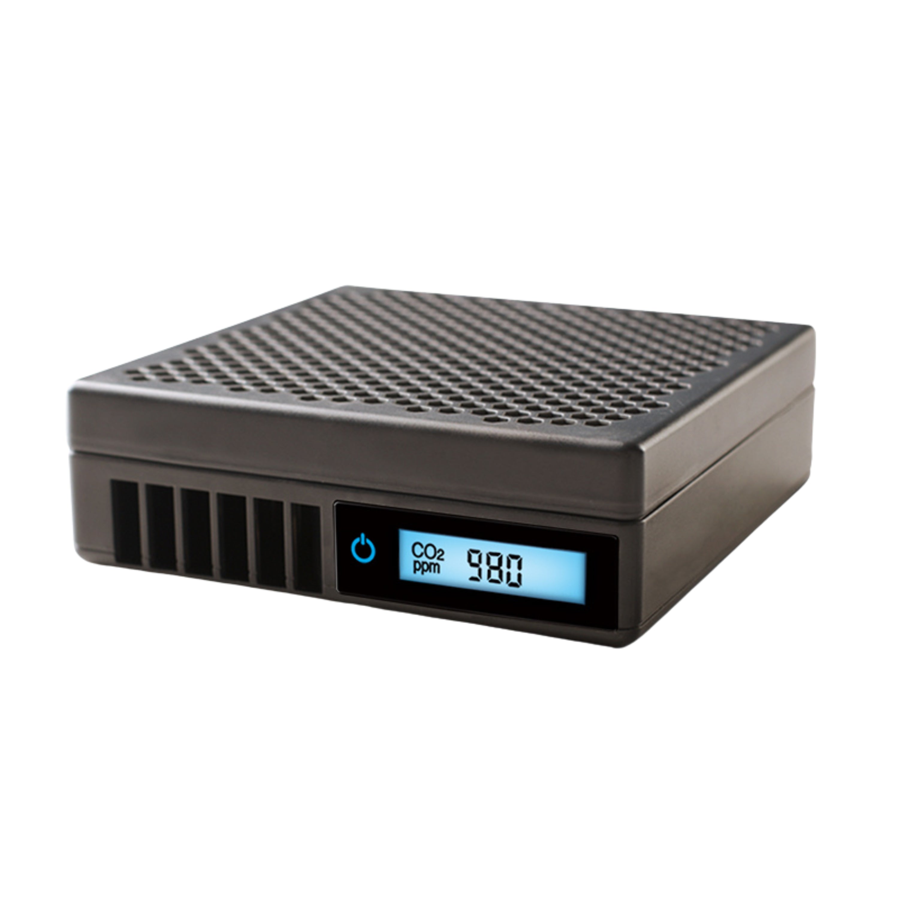 Black electronic device with digital display on a white background