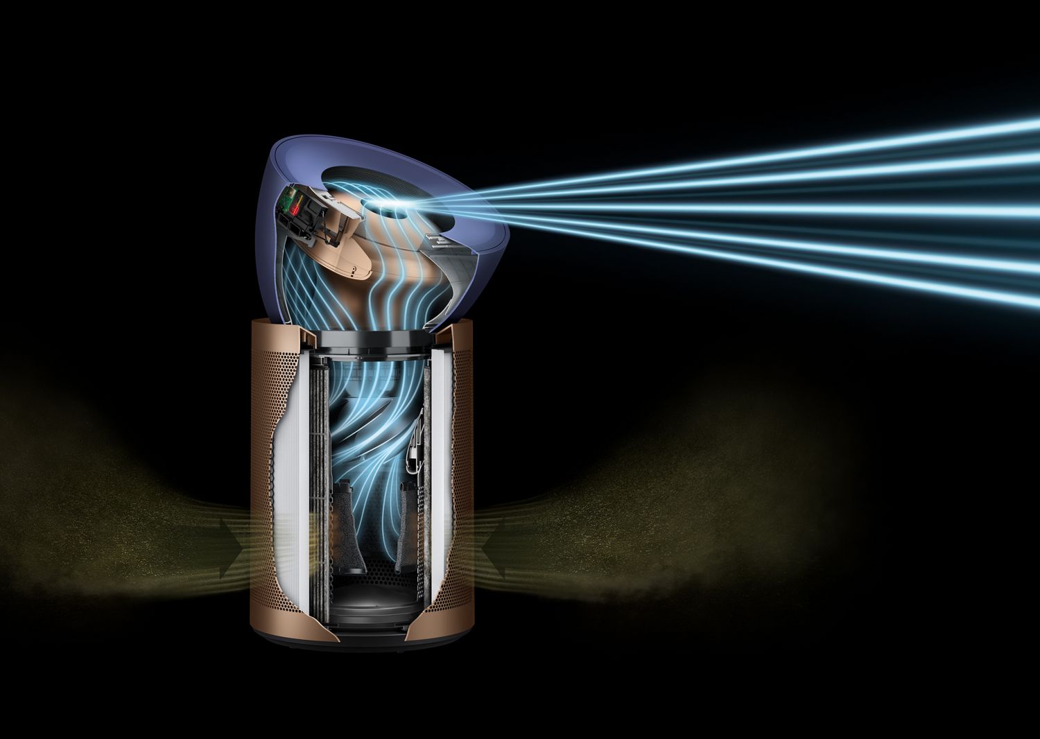 Glowing blue light projector with beams on a dark background