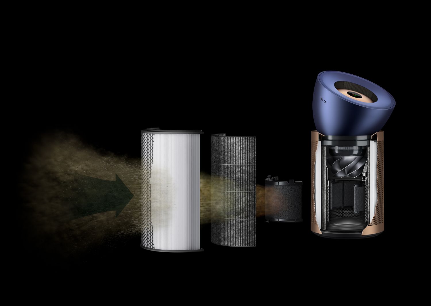 Air purifier components including a filter and a cylindrical device on a dark background