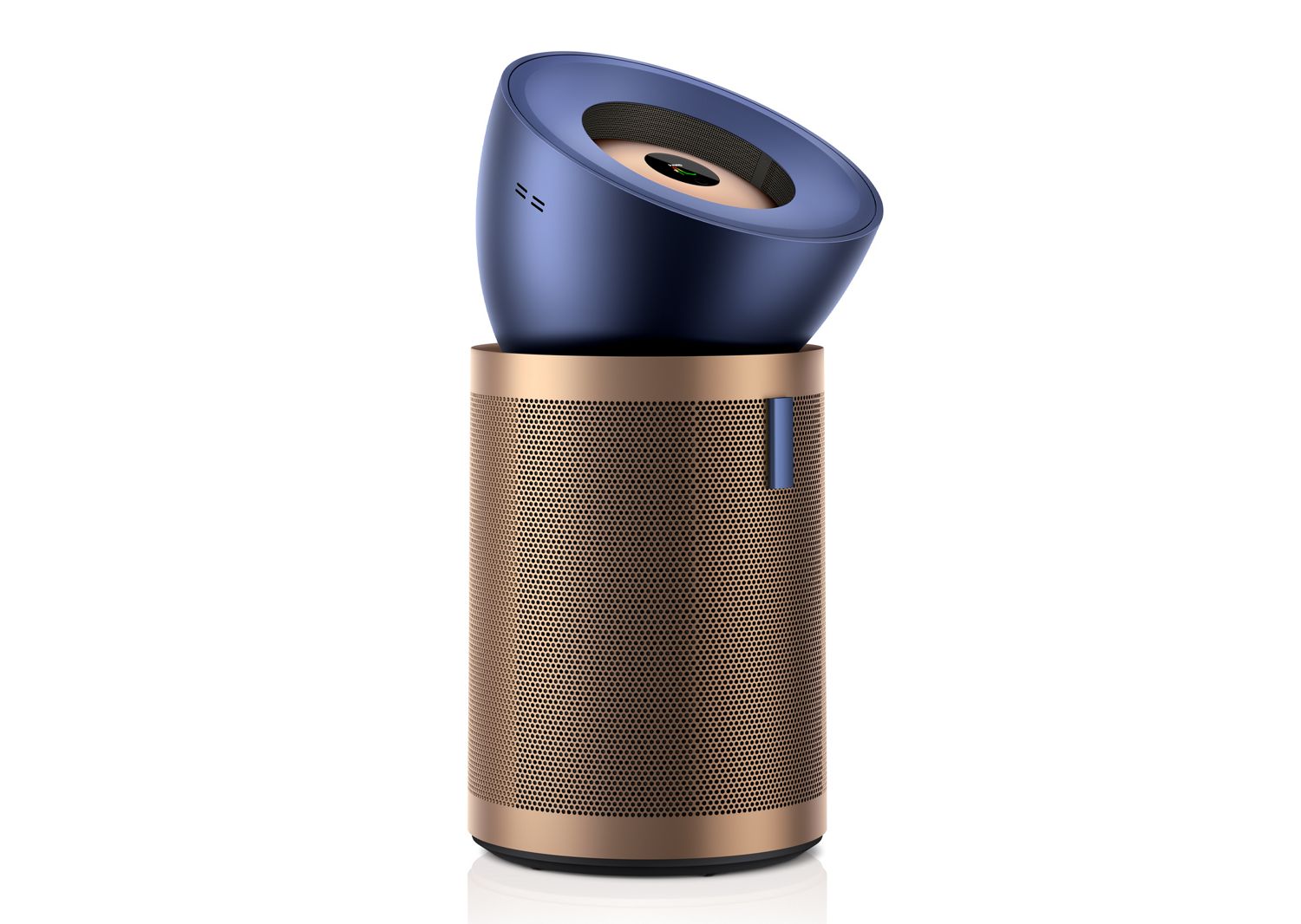 Smart speaker with blue top and bronze body on a white background