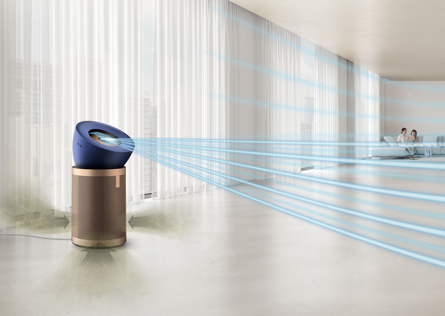Air purifier emitting blue light in a modern living room.
