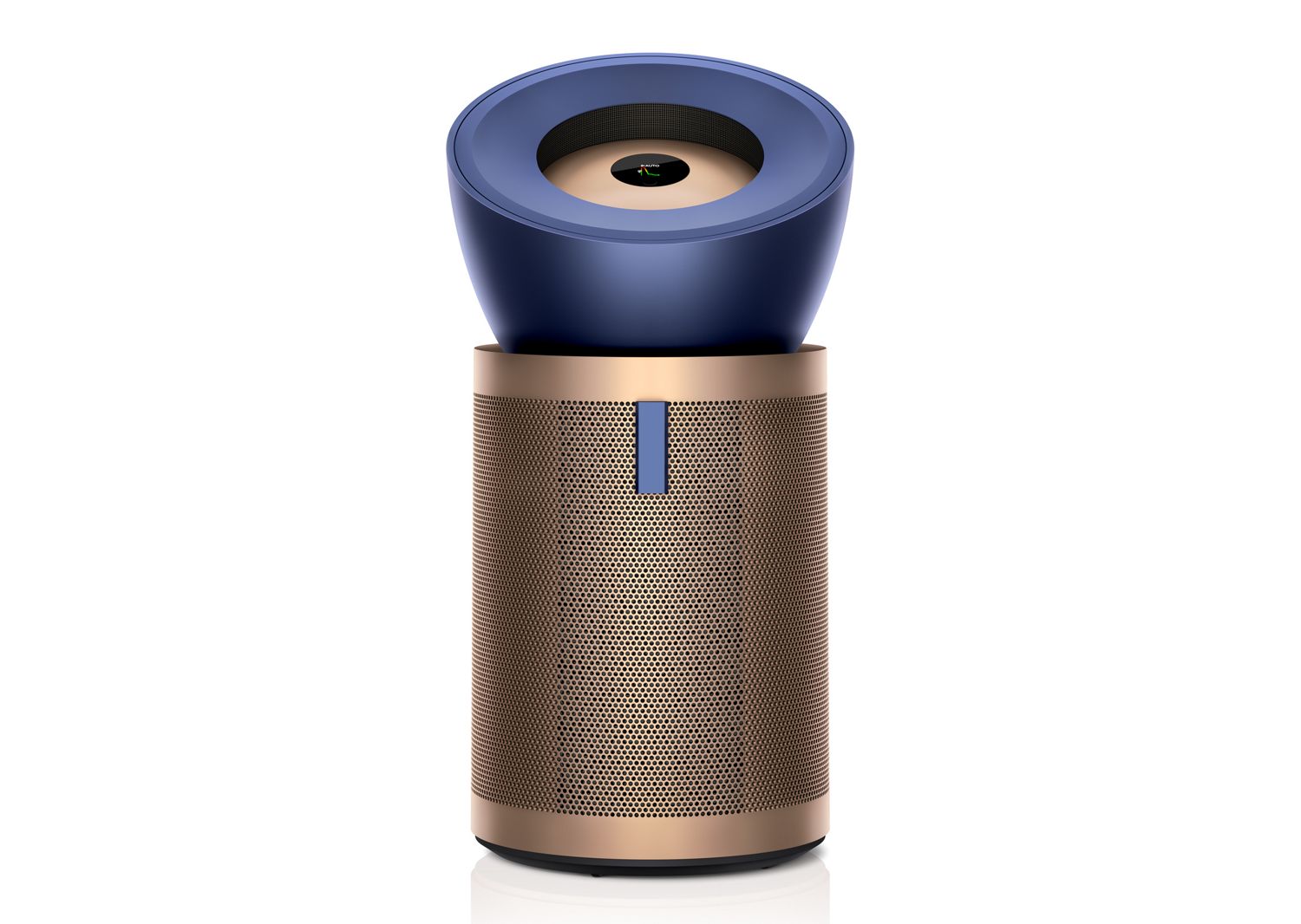Smart speaker with blue top and bronze body on a white background