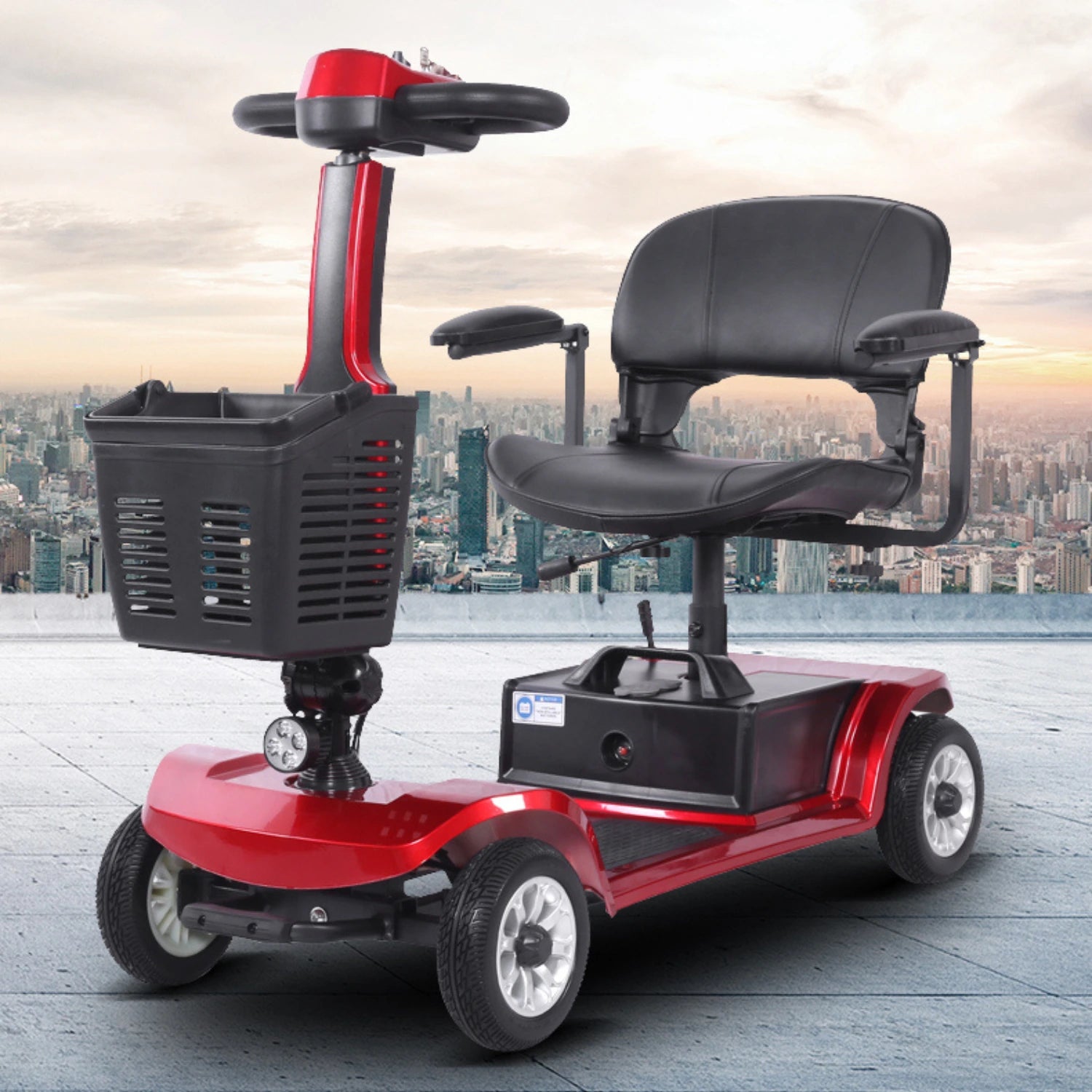 Red mobility scooter with a cityscape background