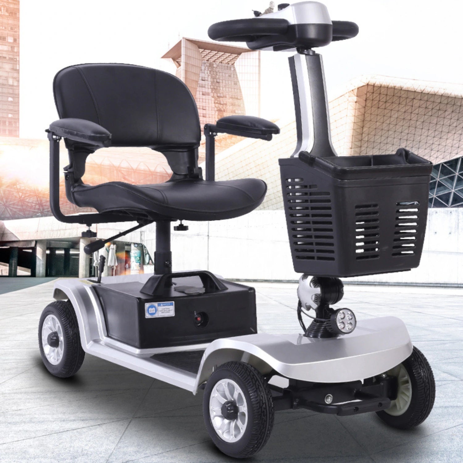 Mobility scooter with a basket on a tiled floor