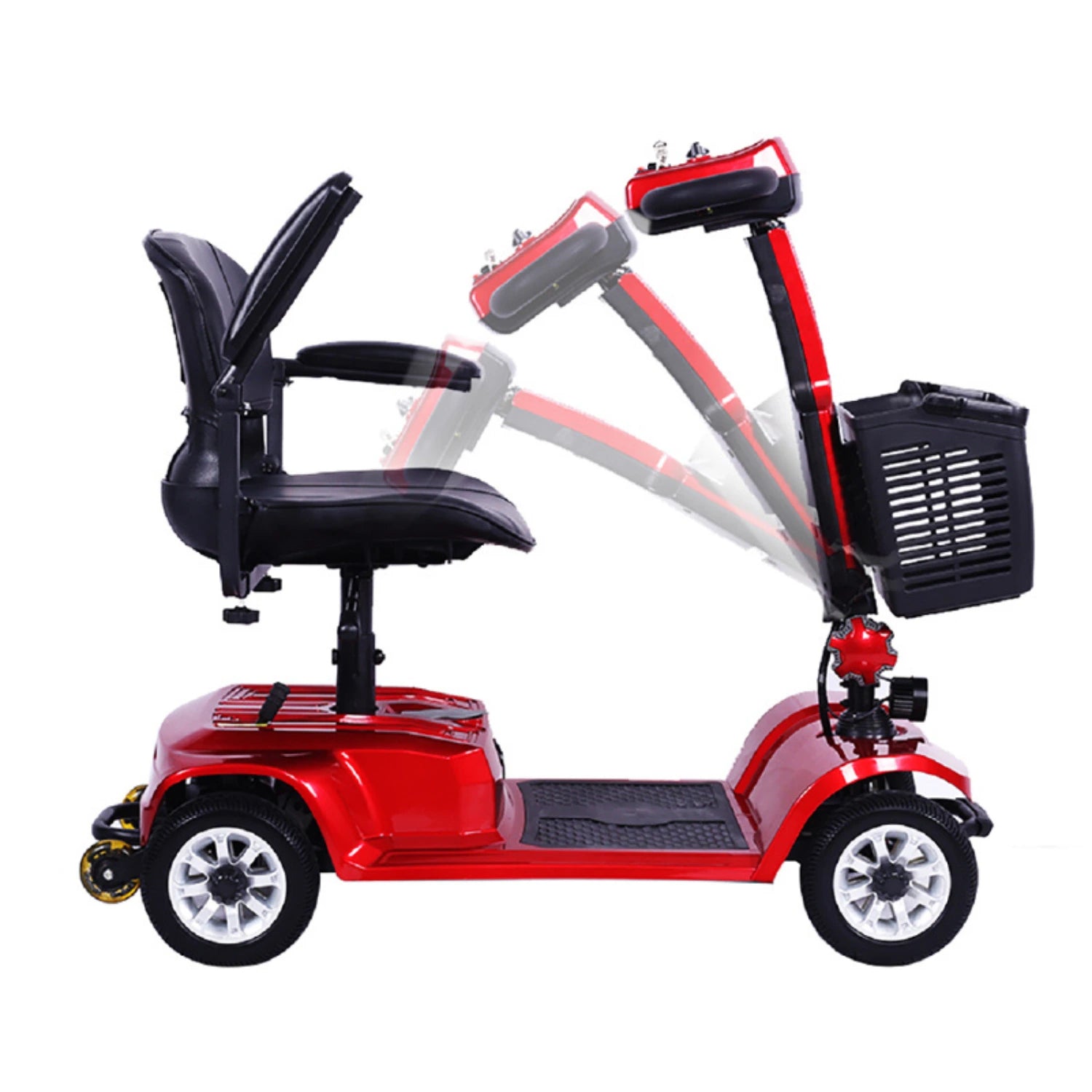 Red mobility scooter with a black seat and basket on a white background
