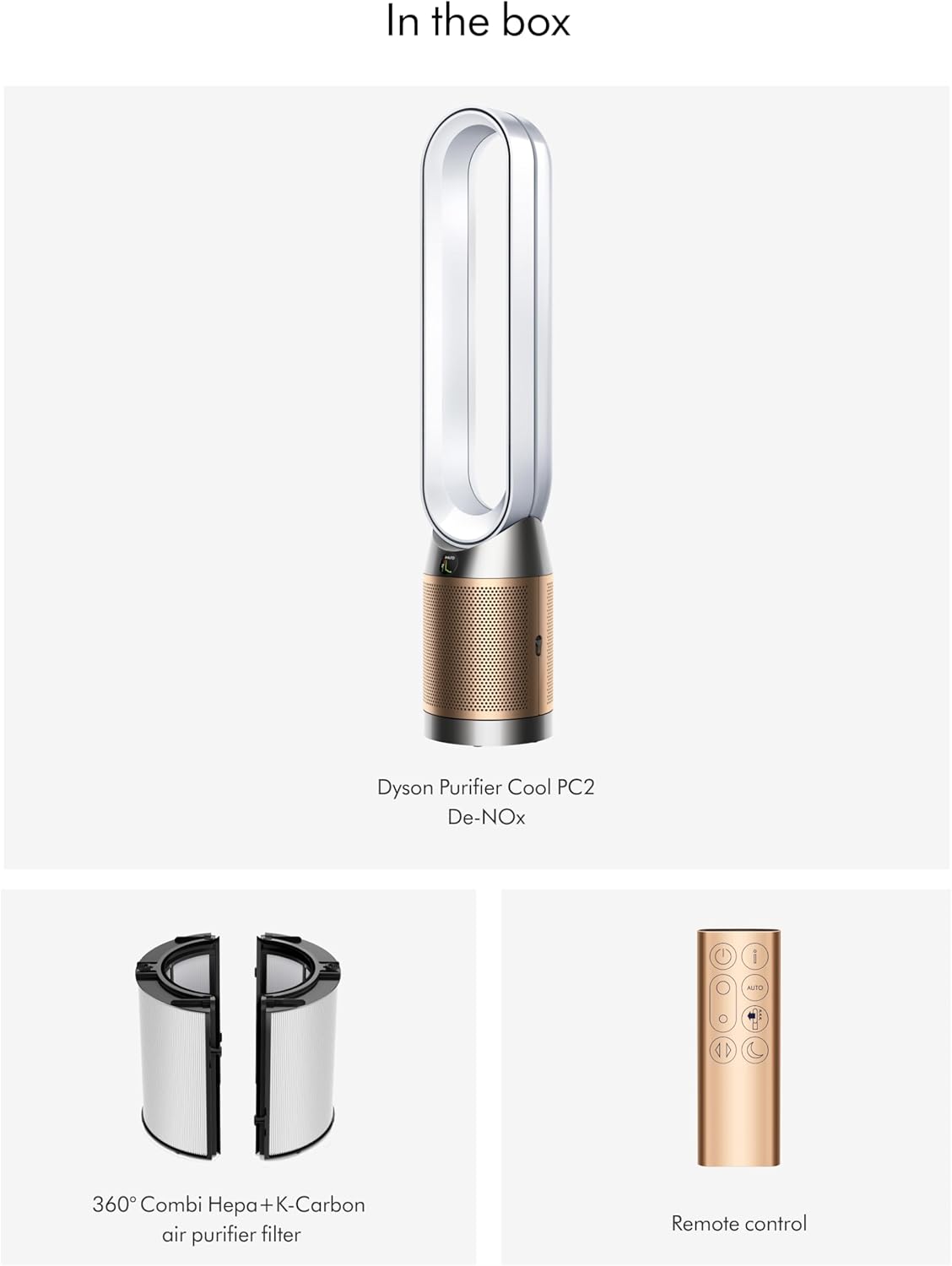 Dyson Purifier Cool PC2 DeNox with filter and remote control on a white background