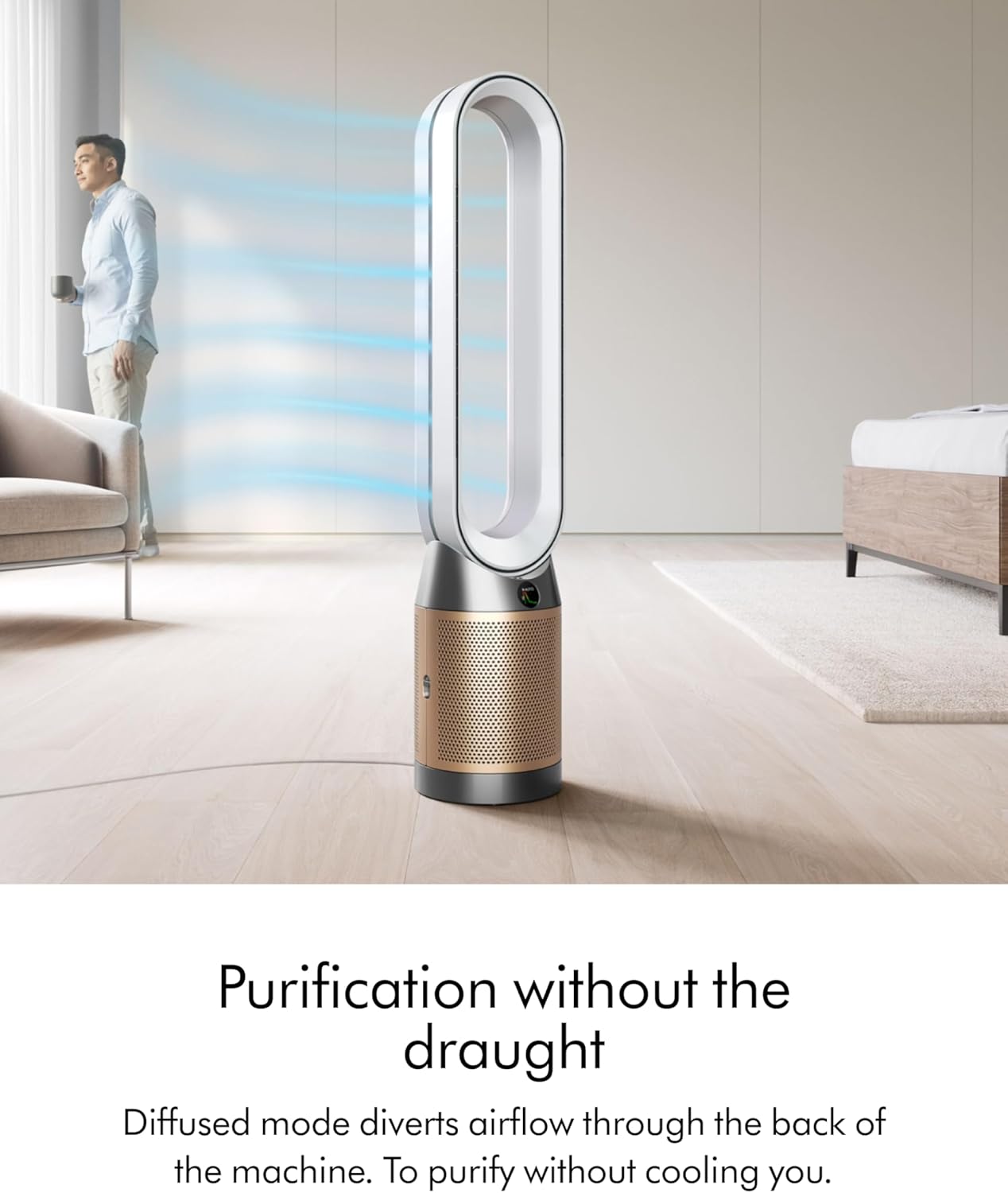 Dyson purifier in a modern living room with a person in the background