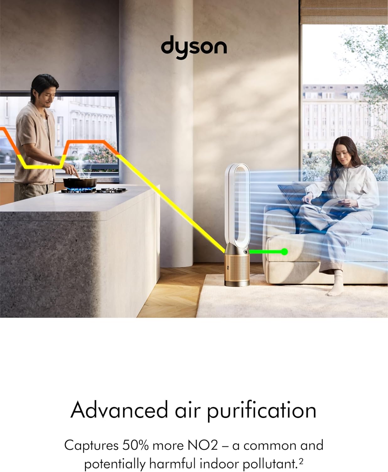 Dyson air purifier in a living room with people in the background, highlighting advanced air purification feature.