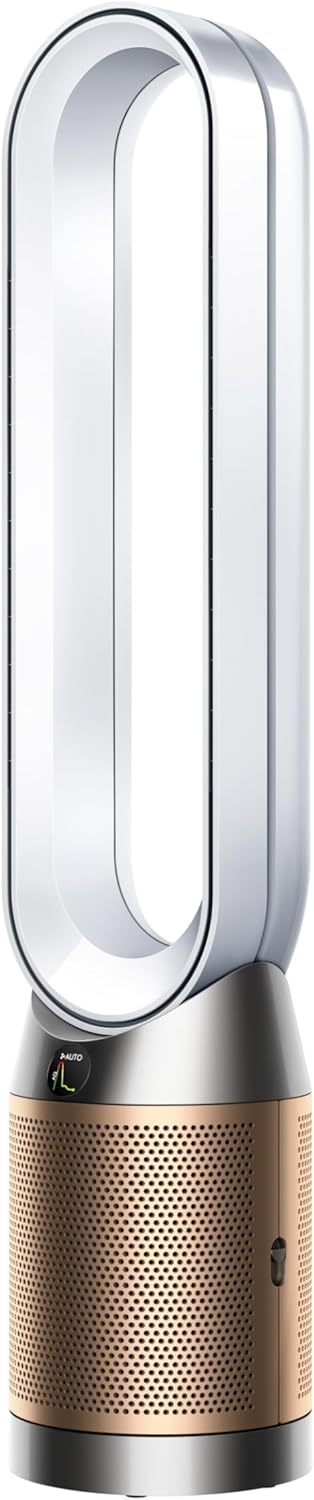 Dyson purifier tower with metallic finish on a white background
