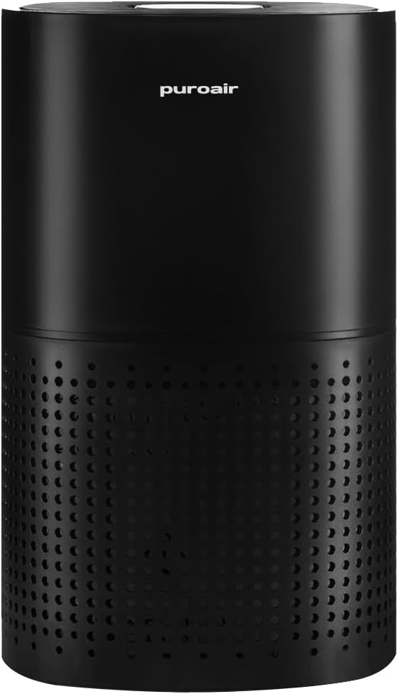 Black air purifier with 'puroair' branding on a white background