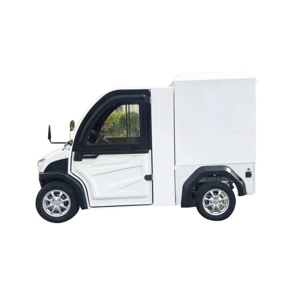 Small electric vehicle with black windows and wheels on a white background, featuring the Clion EV logo.