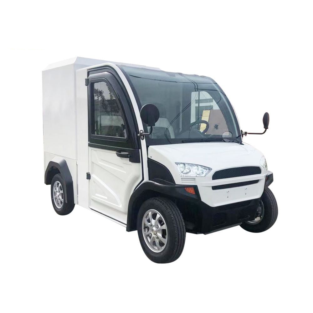 Small white delivery truck with a clear canopy on a white background
